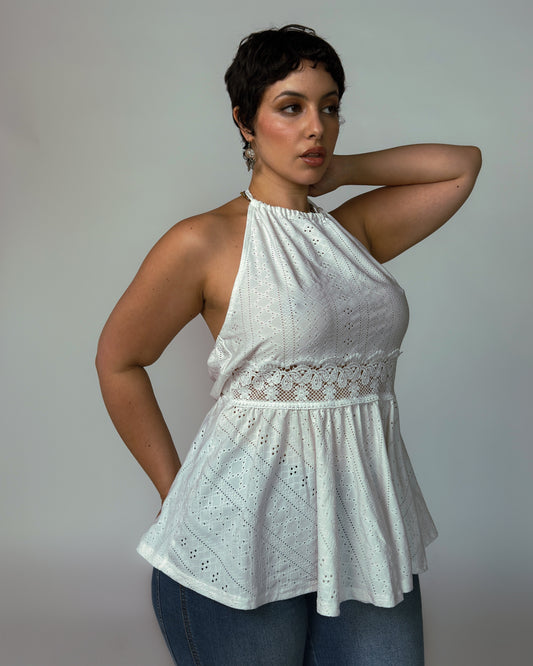 White Lace Halter Top - size L/XL