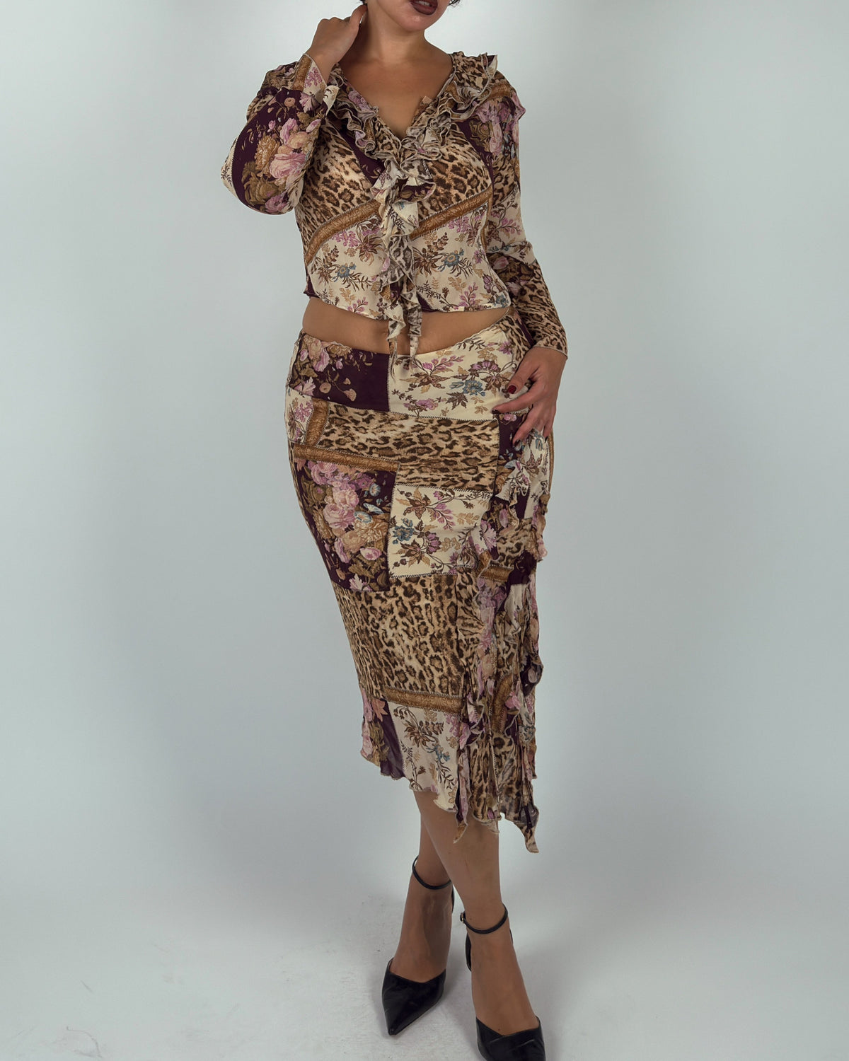 Leopard & Floral Patchwork Mesh Matching Set - M/L