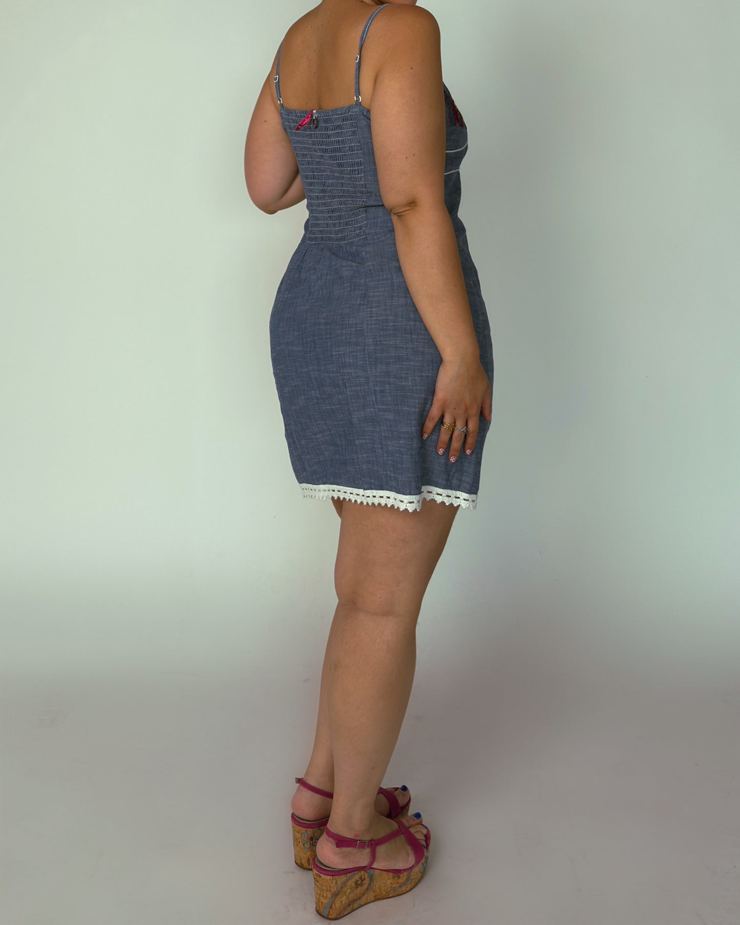 Vintage Denim Embroidered Midi Dress - size M/L