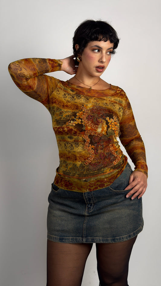 French Vintage Beaded Mesh Top - M/L