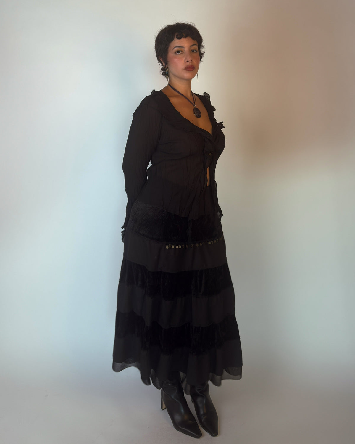 Black Tiered Velvet Maxi Skirt - size L/XL