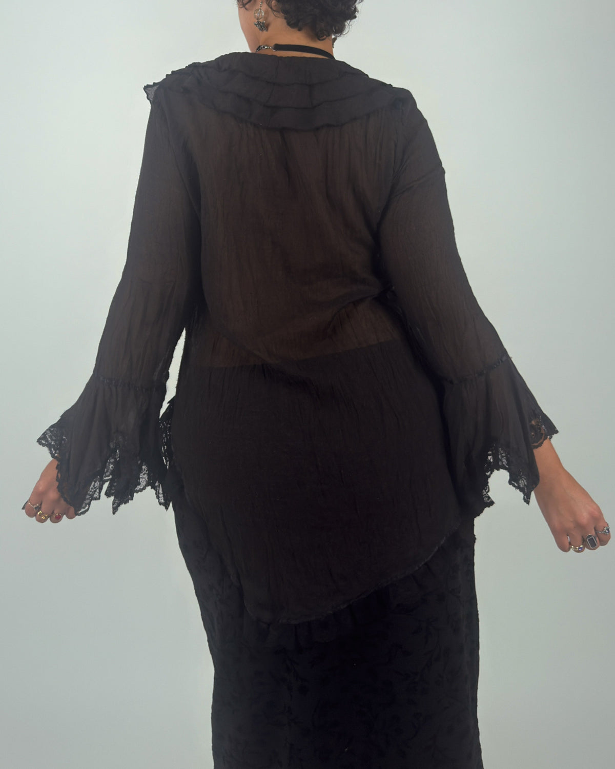 Black Ruffle Top with Lace Bell Sleeves - M/L