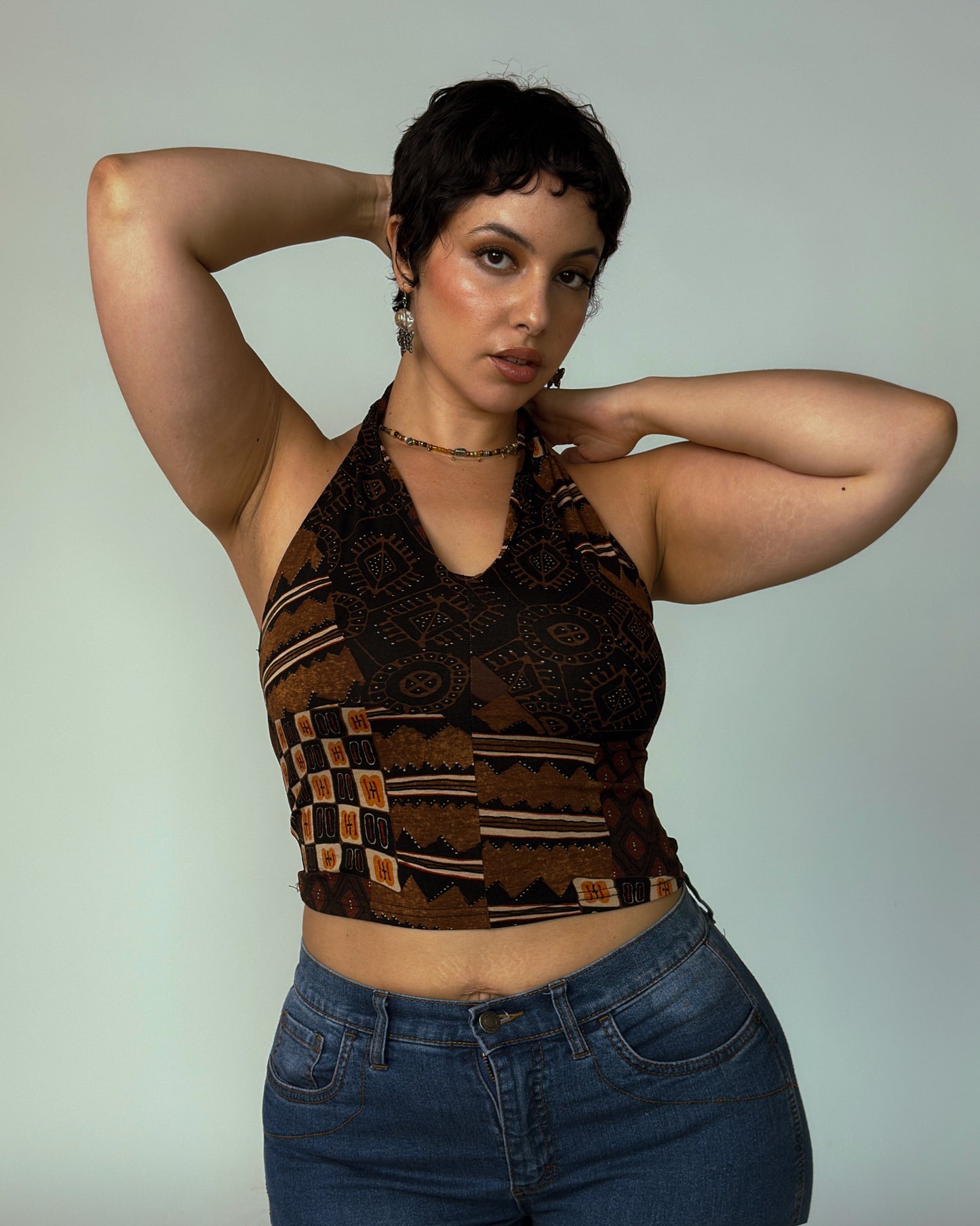 Vintage Retro Patchwork Halter Crop Top - size M/L