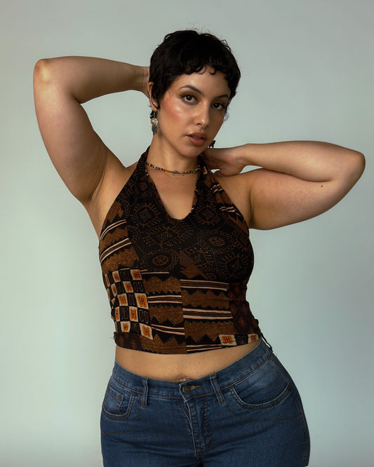Vintage Retro Patchwork Halter Crop Top - size M/L