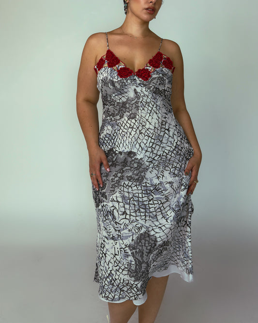 Vintage René Derhy Graffiti Lace Print Midi Slip Dress - size L/XL