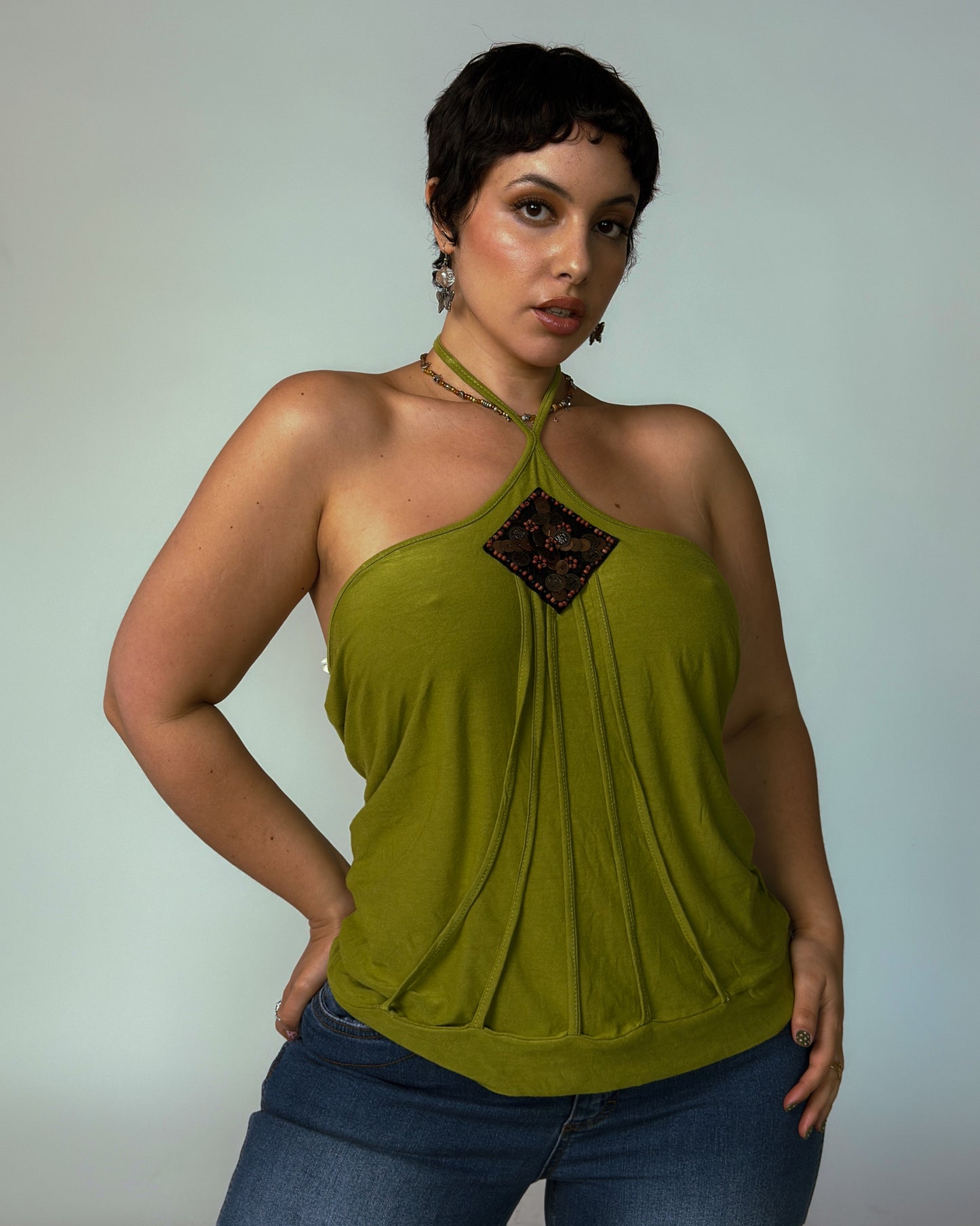 Vintage Green Halter Top - size M-XL