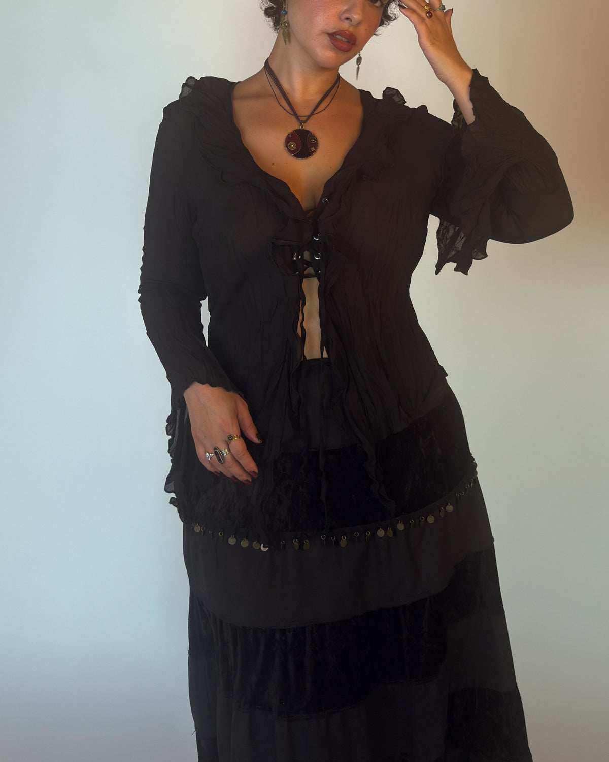 Black Ruffle Lace-Up Top - M/L