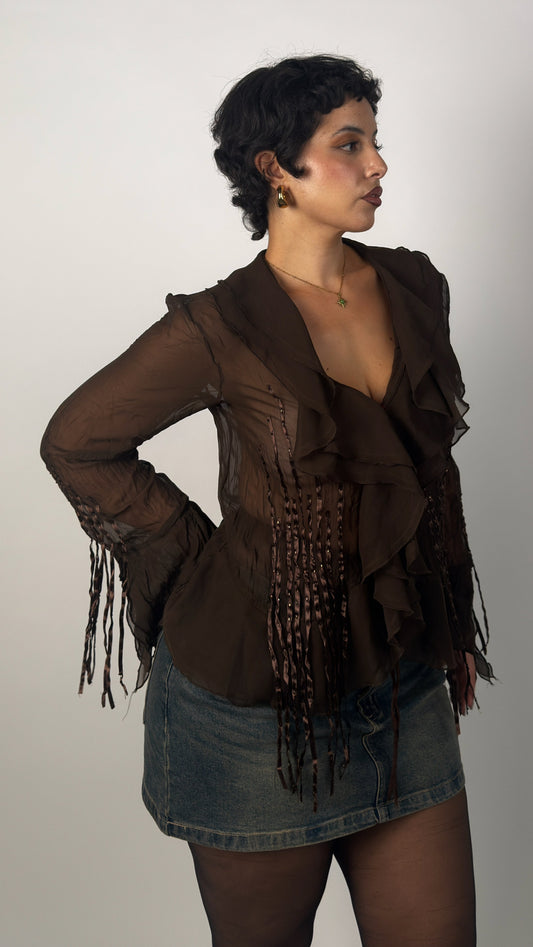 Italian Vintage Brown Ruffle Fringe Blouse - M/L