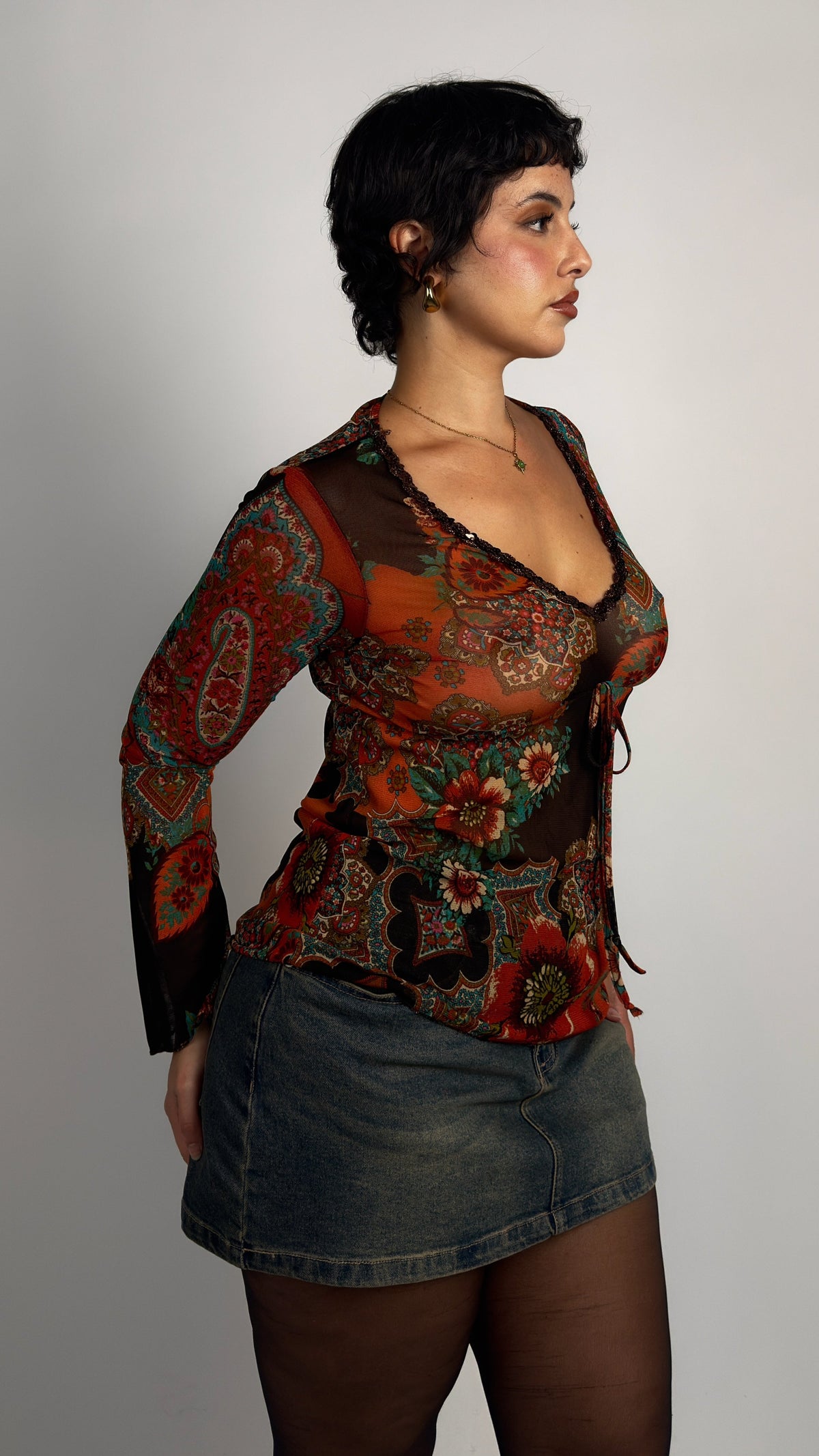 French Vintage Whimsy Mesh Top - M