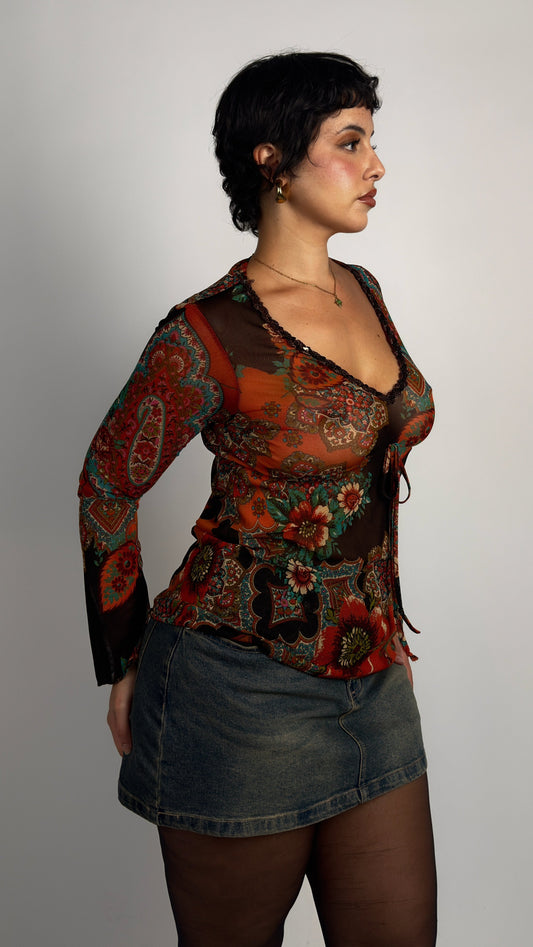 French Vintage Whimsy Mesh Top - M