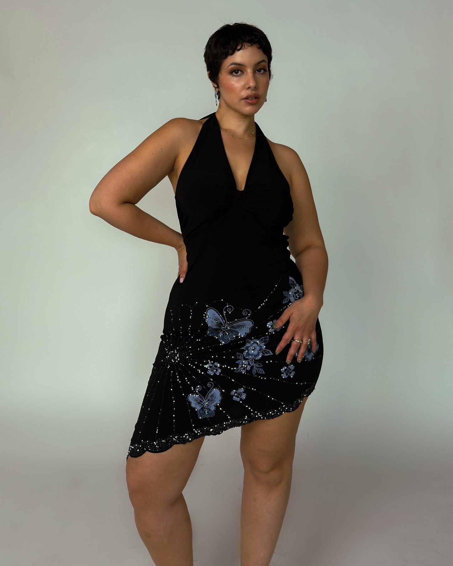 Vintage Beaded Halter Mini Dress - size M-XL
