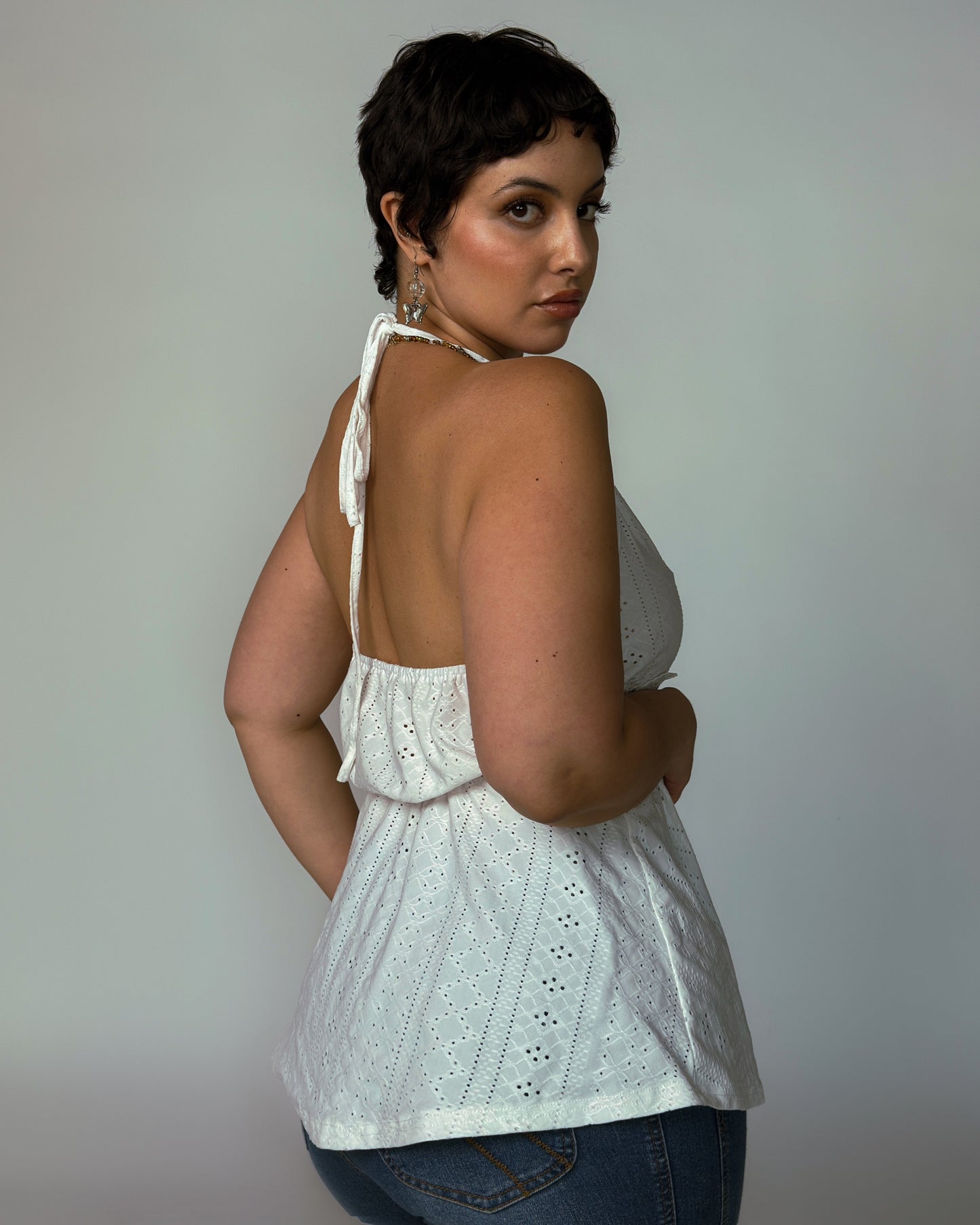 White Lace Halter Top - size L/XL