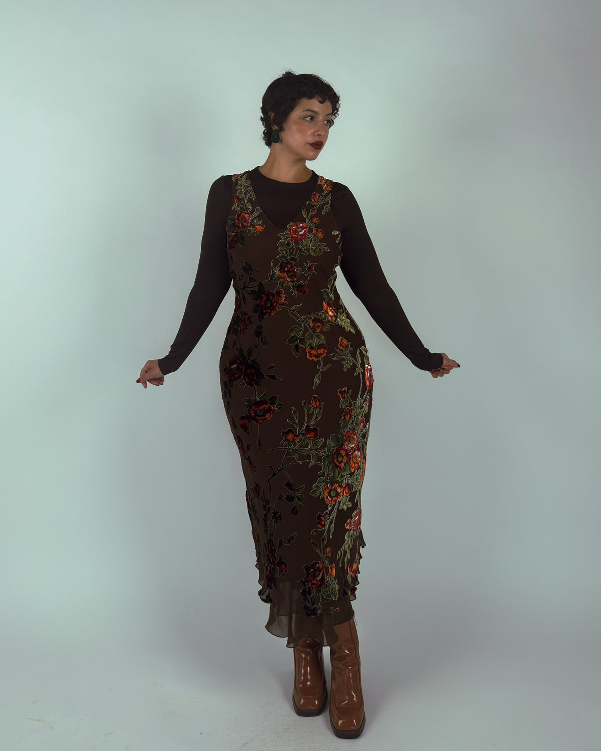 Rare Vintage Derhy Silk Velvet Burnout Midi Dress - M/L