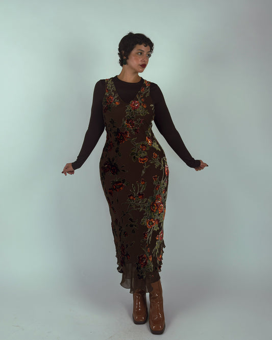 Rare Vintage Derhy Silk Velvet Burnout Midi Dress - M/L