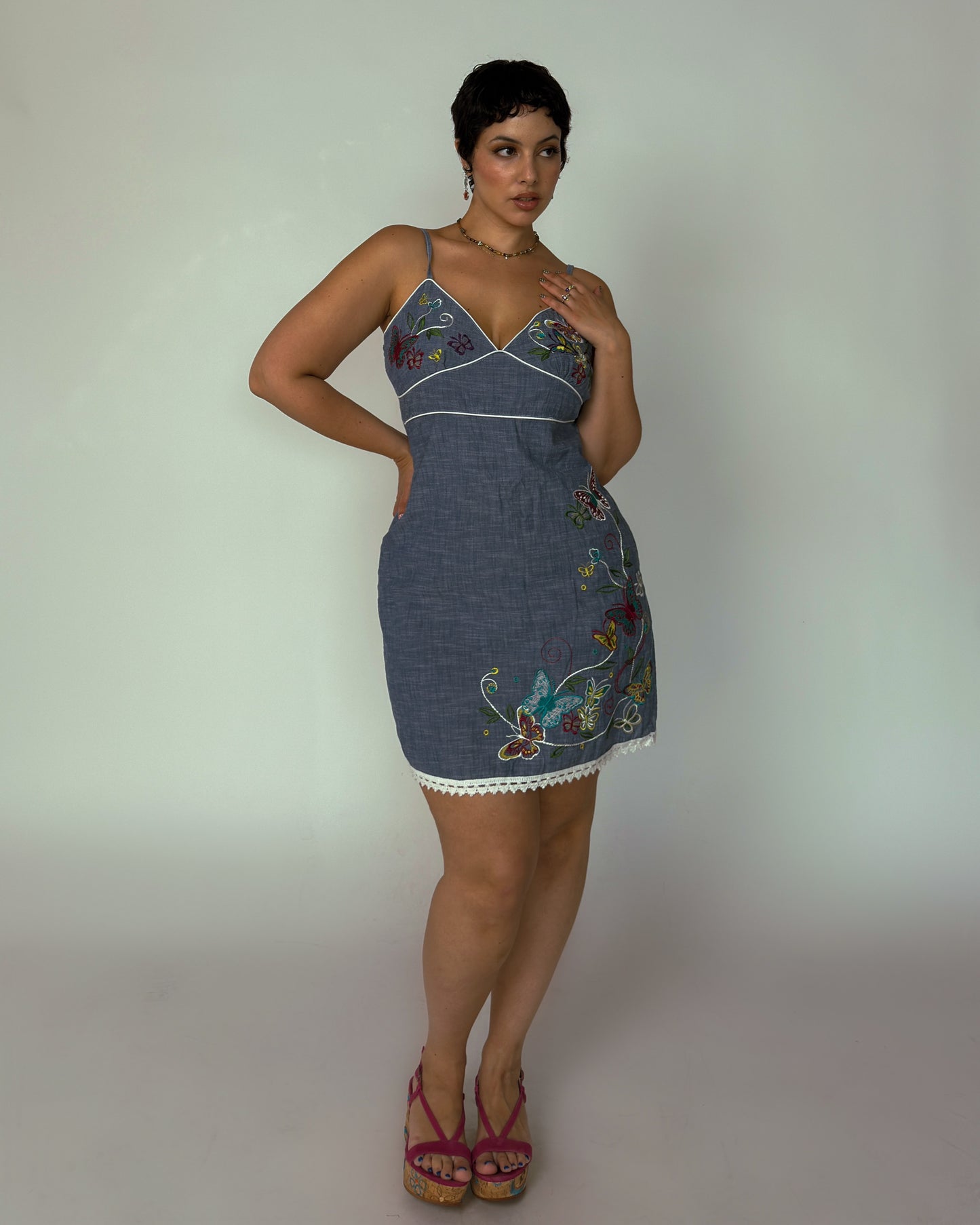 Vintage Denim Embroidered Midi Dress - size M/L