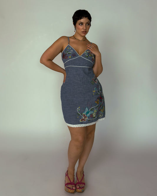 Vintage Denim Embroidered Midi Dress - size M/L