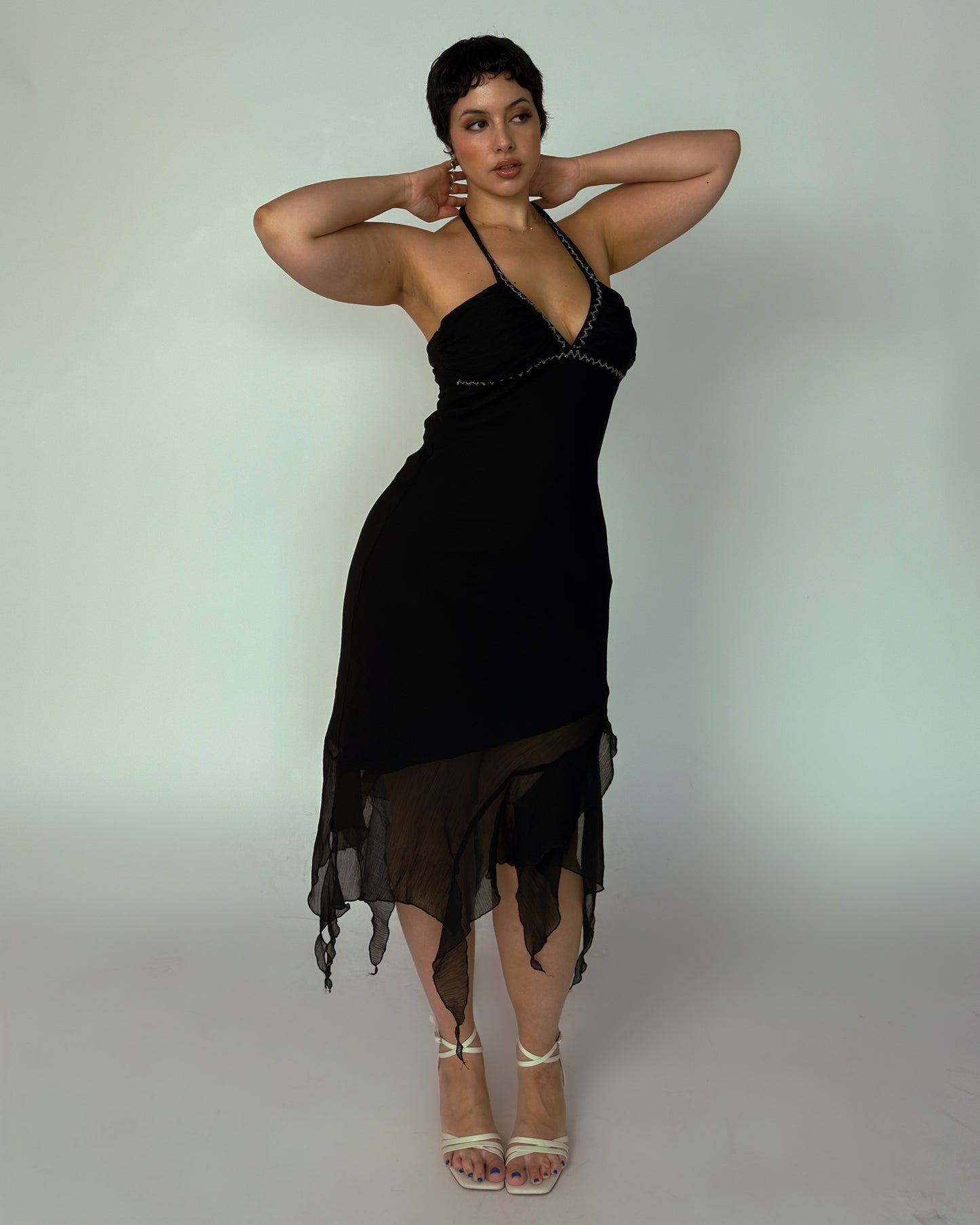 Vintage Black Halter Midi Dress with Sequin Trim - size M/L