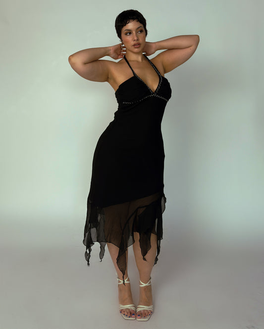Vintage Black Halter Midi Dress with Sequin Trim - size M/L