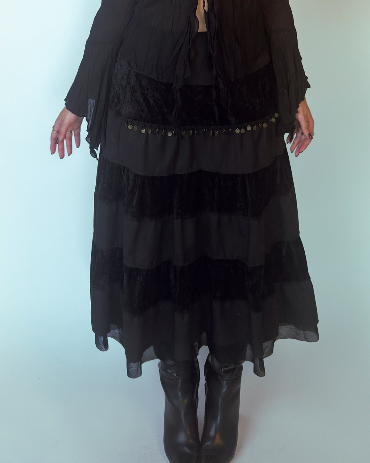 Black Tiered Velvet Maxi Skirt - size L/XL