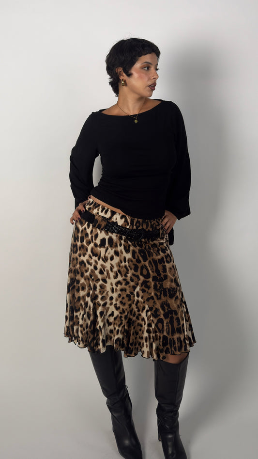 Leopard Faux Belt Y2K Stretch Skirt - L/XL