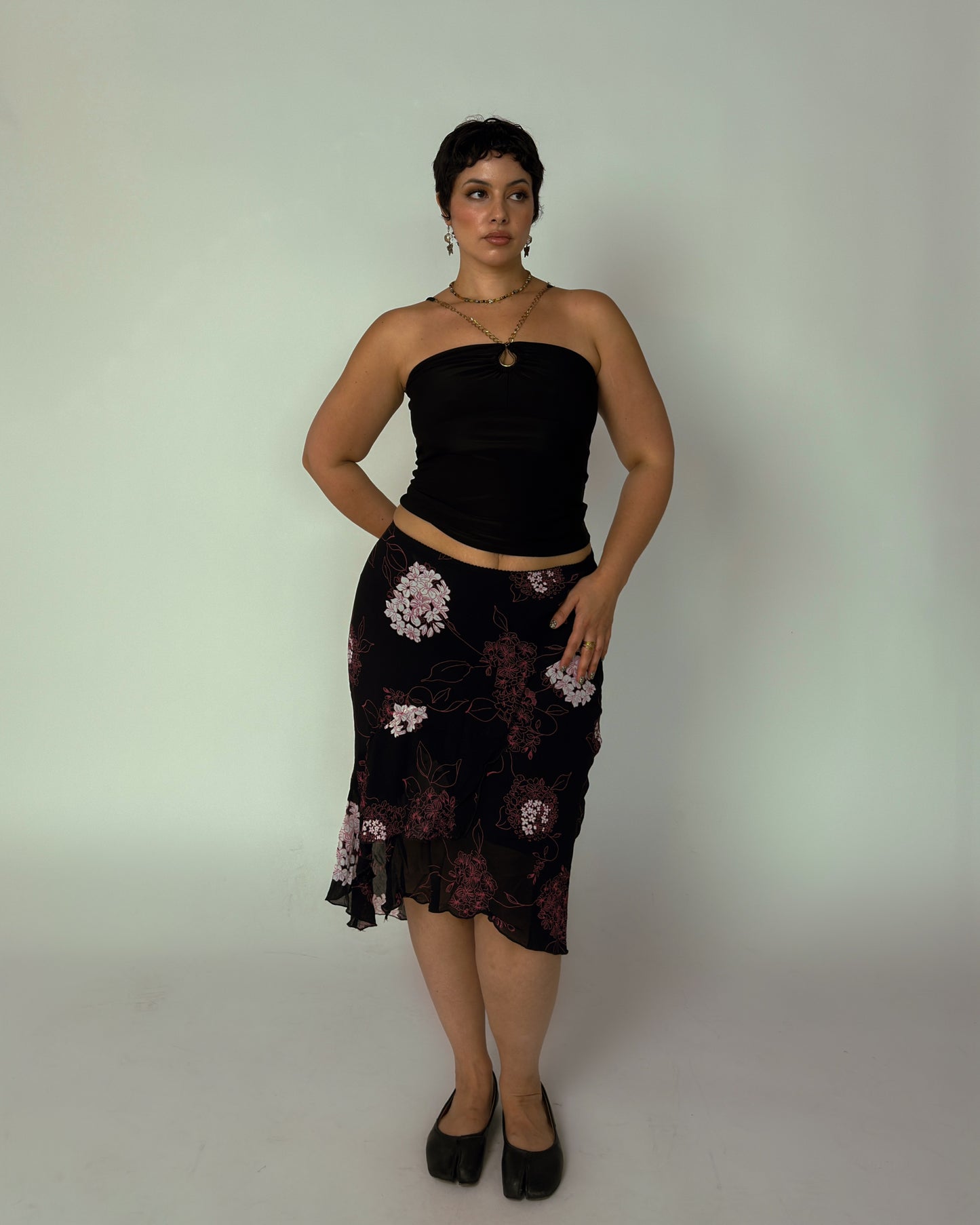Black Floral Mesh Midi Skirt - size L-XXL
