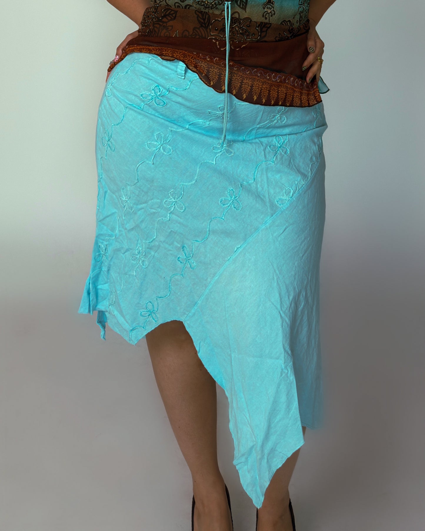 Vintage Blue Linen Asymmetrical Skirt - size L/XL