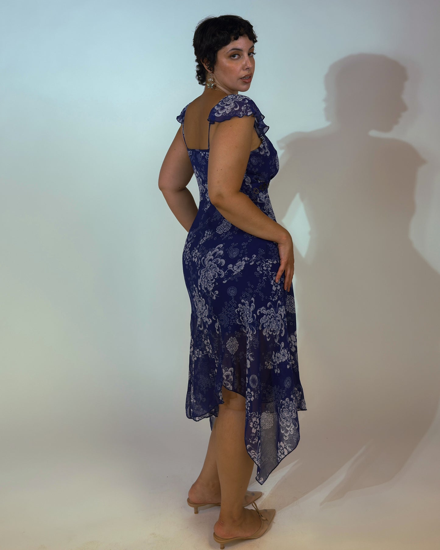 Vintage Blue Floral Midi Dress - size M/L