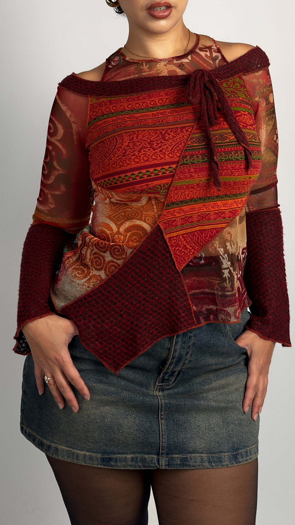 French Vintage Patchwork Mesh & Knit Top - M/L