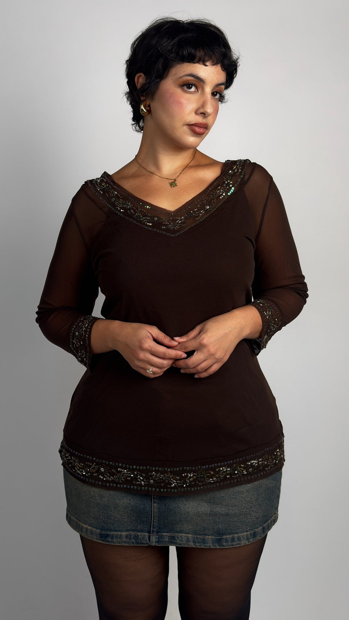 French Vintage Beaded Mesh Top - L/XL