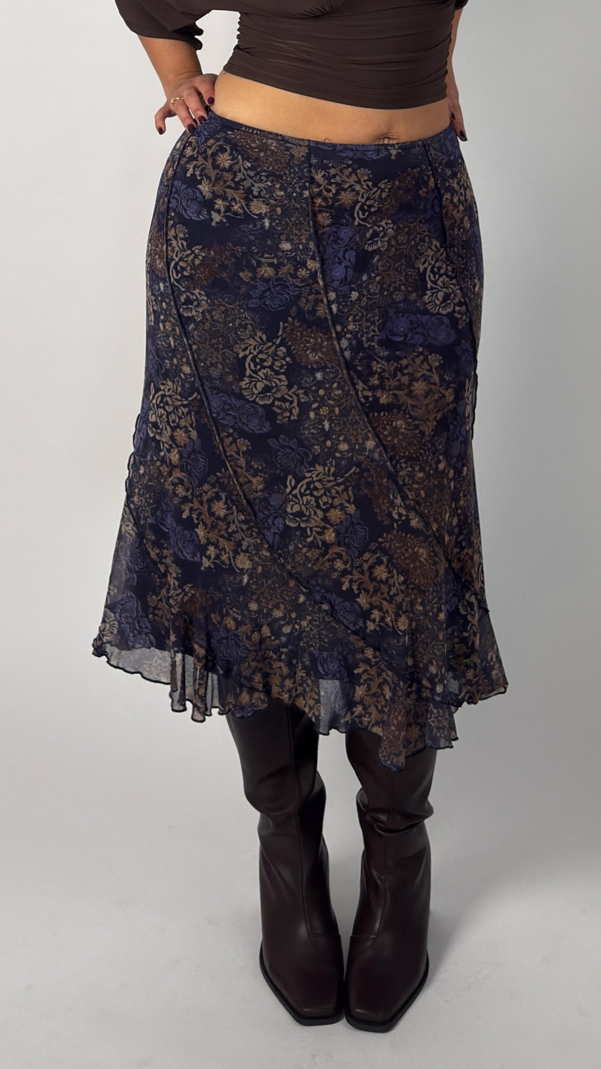Vintage Midnight Blue Floral Stretch Skirt - L/XL
