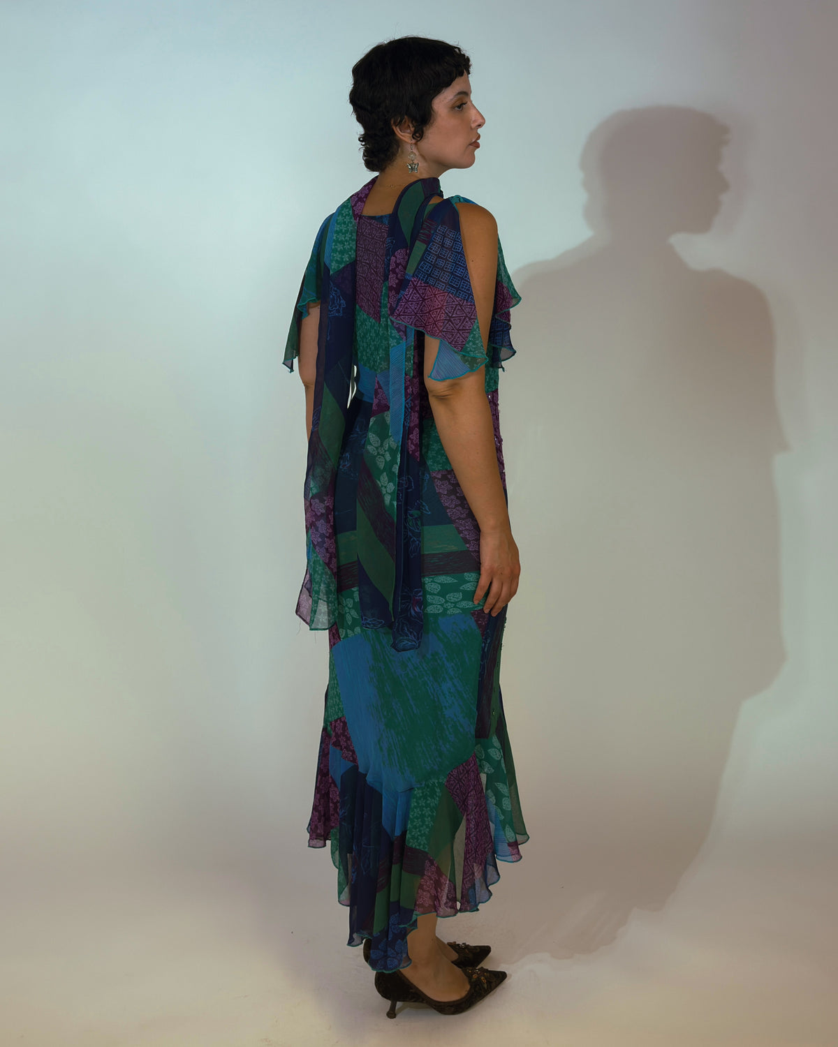 90s scarf dress Vintage Spanish Beaded Patchwork with Matching 22 Polka Dot Strapless Dress Color:Dark Purple Model wears Medium