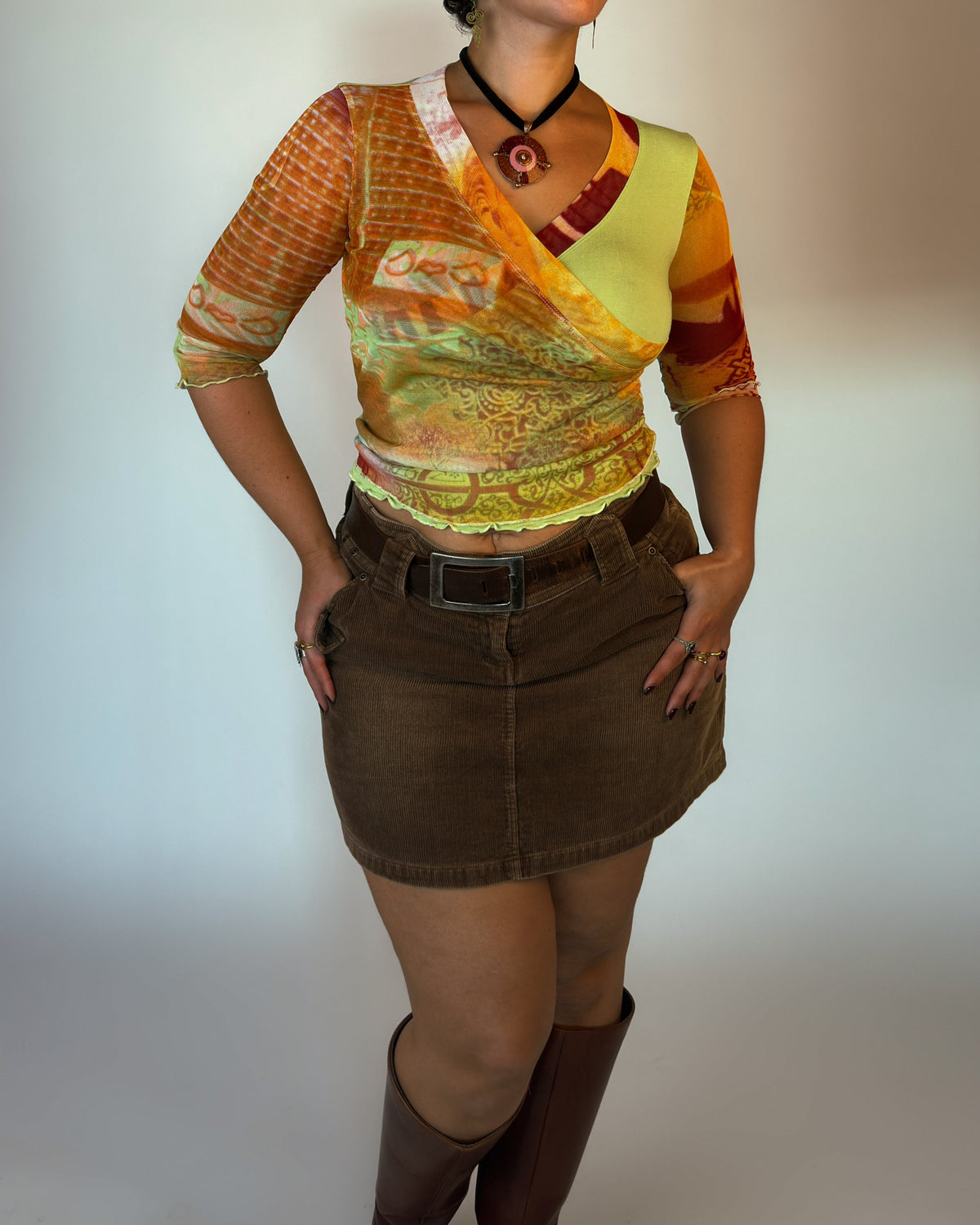 Y2K Patchwork Mesh Wrap Top - size M/L
