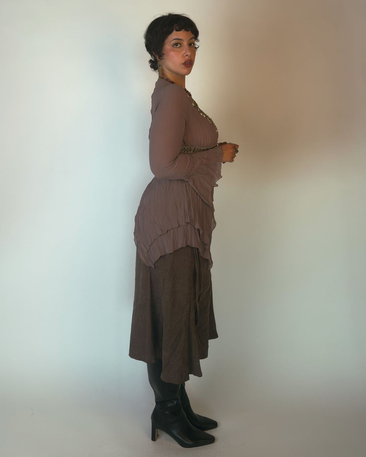 Mauve Crinkle Tiered Ruffle Top - M/L
