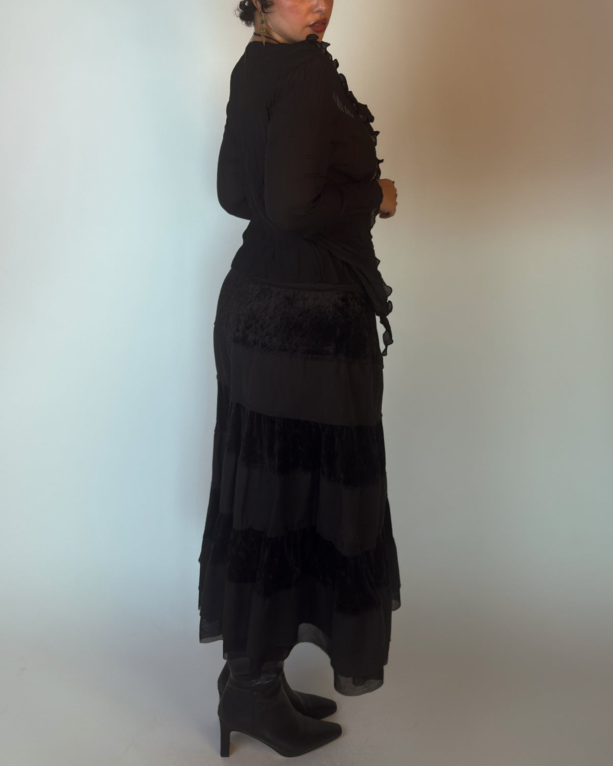 Black Tiered Velvet Maxi Skirt - size L/XL