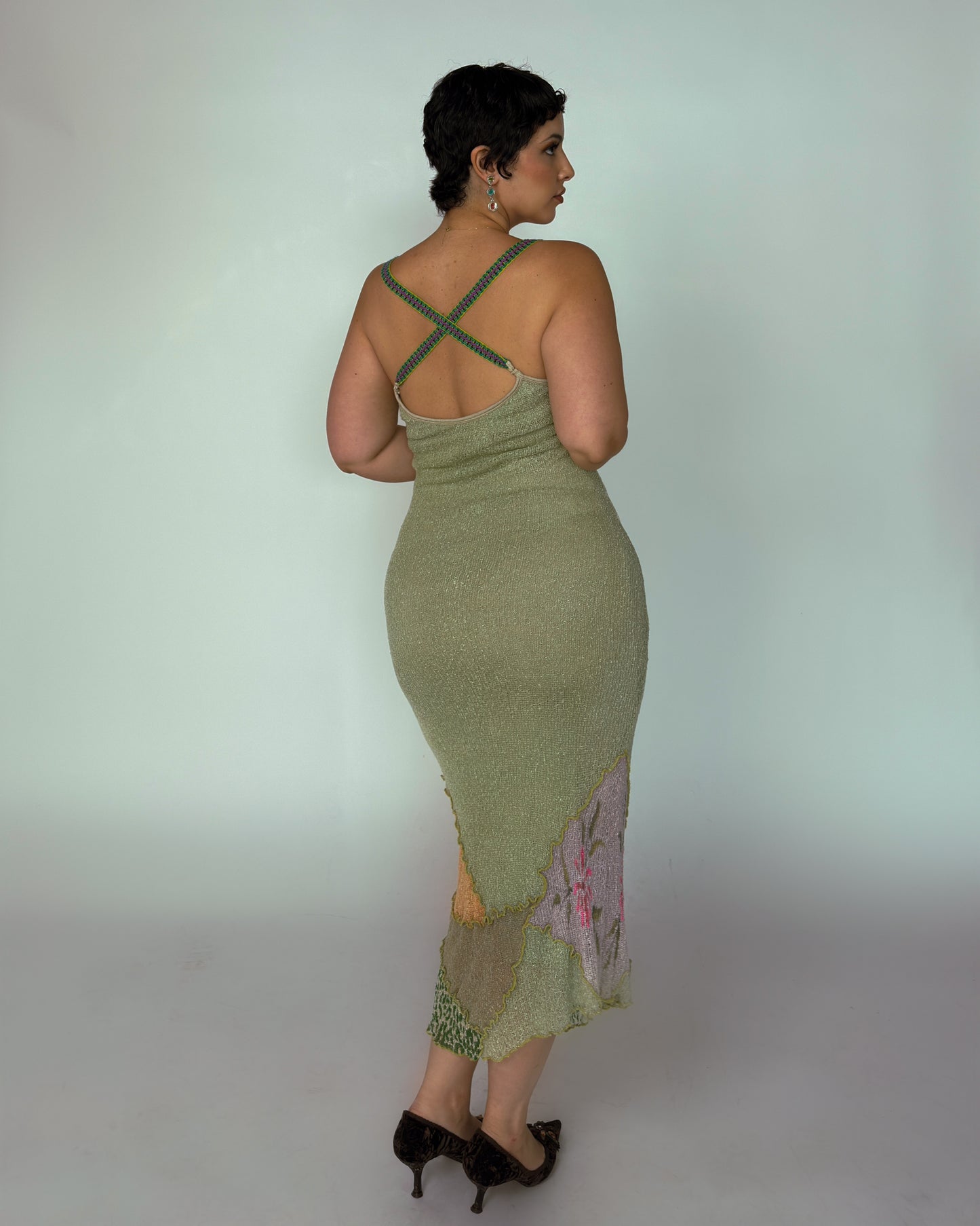 Vintage Spanish Sage Green Knit Midi Dress - size M-XL