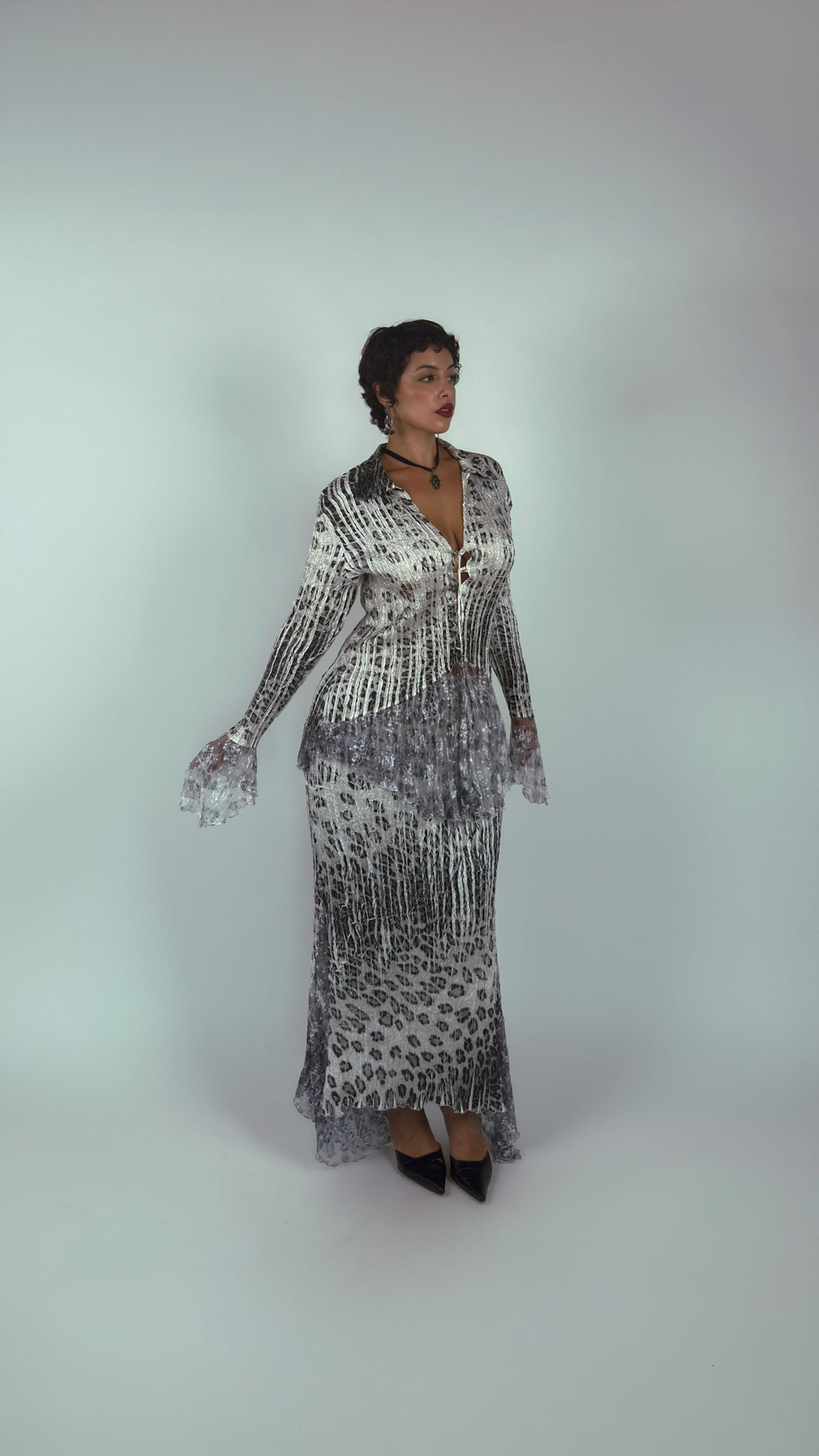 Silver Metallic Leopard Print Crinkle Matching Set - L/XL