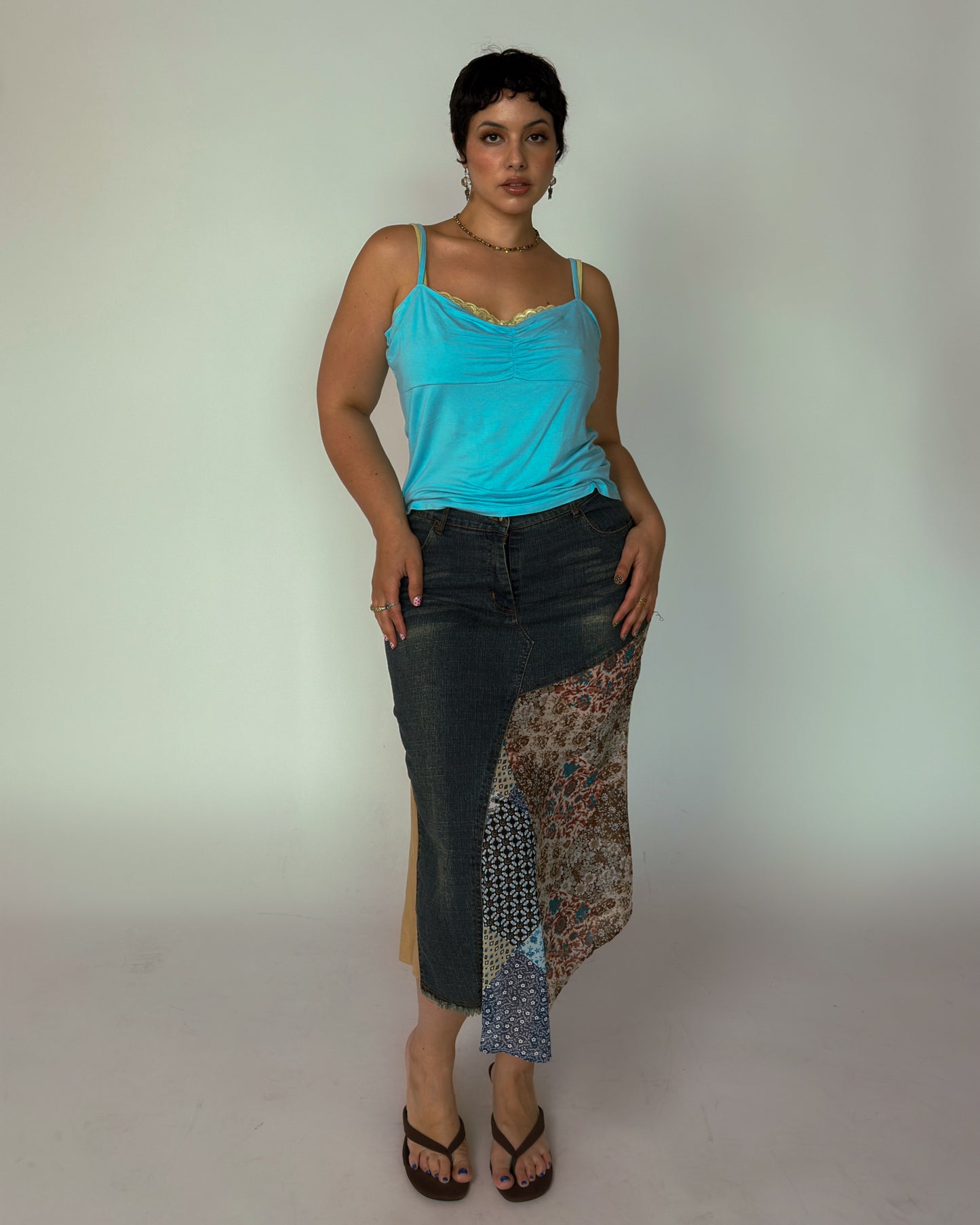 Vintage Denim Patchwork Skirt - size L/XL