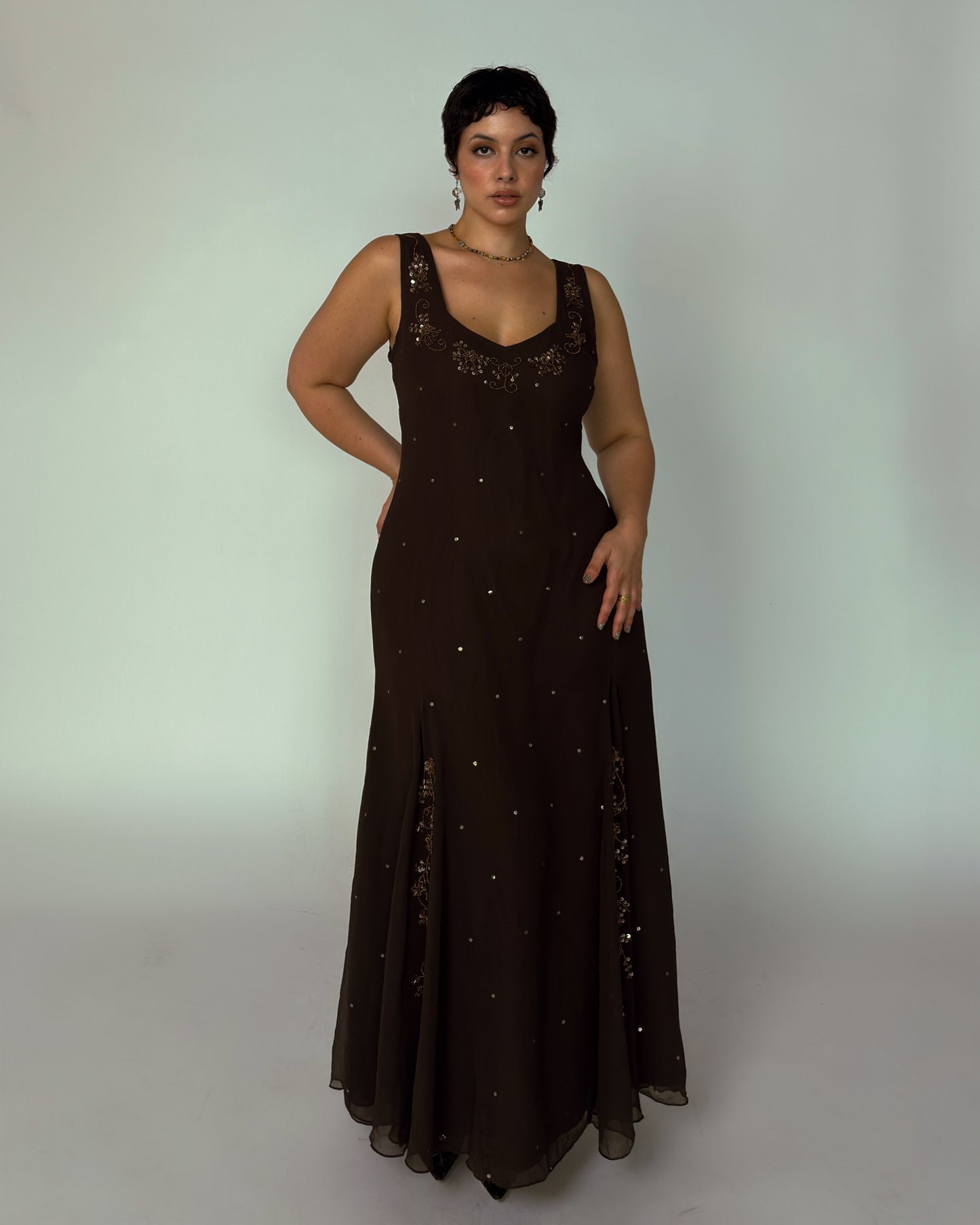 Vintage Brown Beaded Maxi Dress - size L-XL