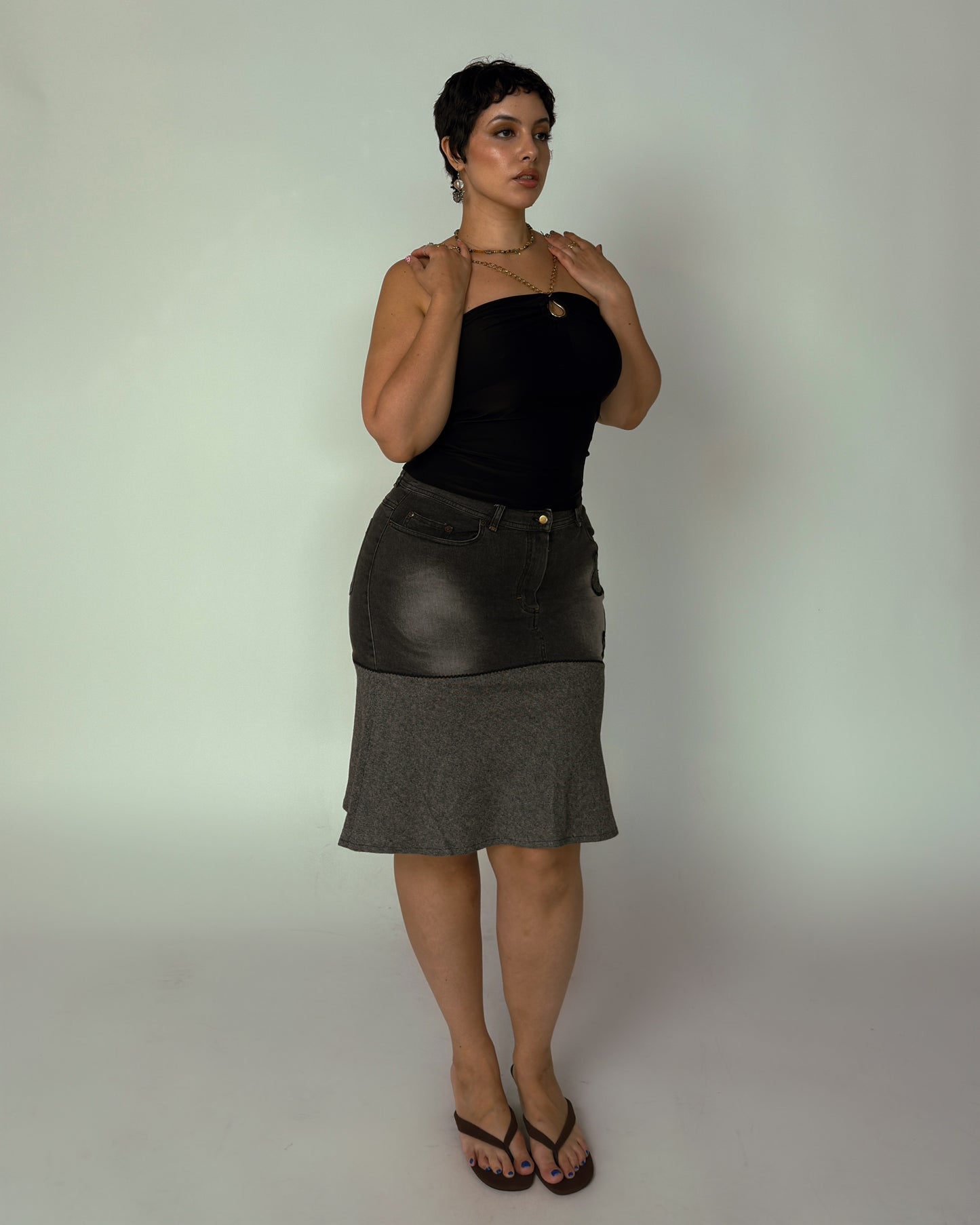Vintage Grey Denim Midi Skirt - size M/L