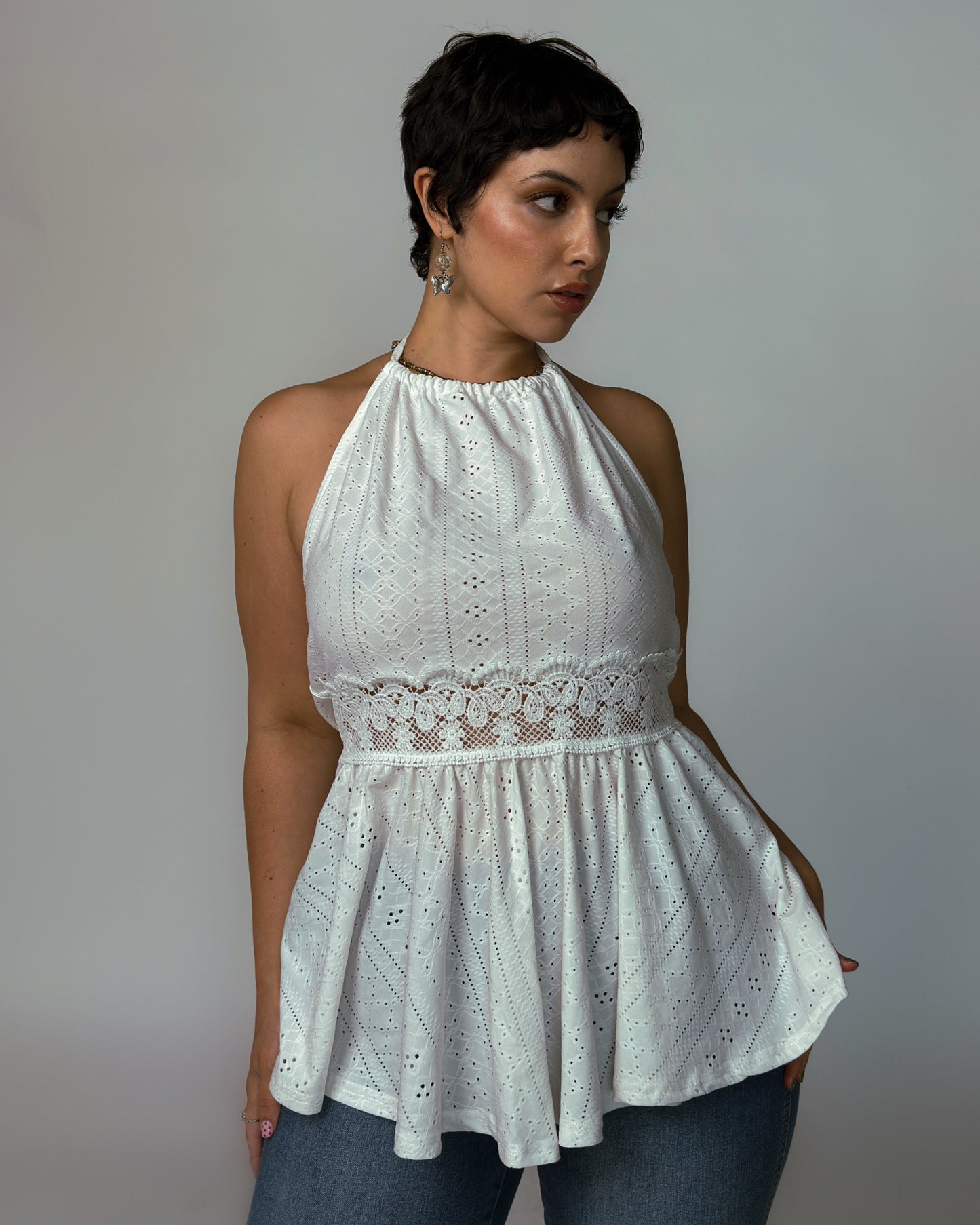 White Lace Halter Top - size L/XL