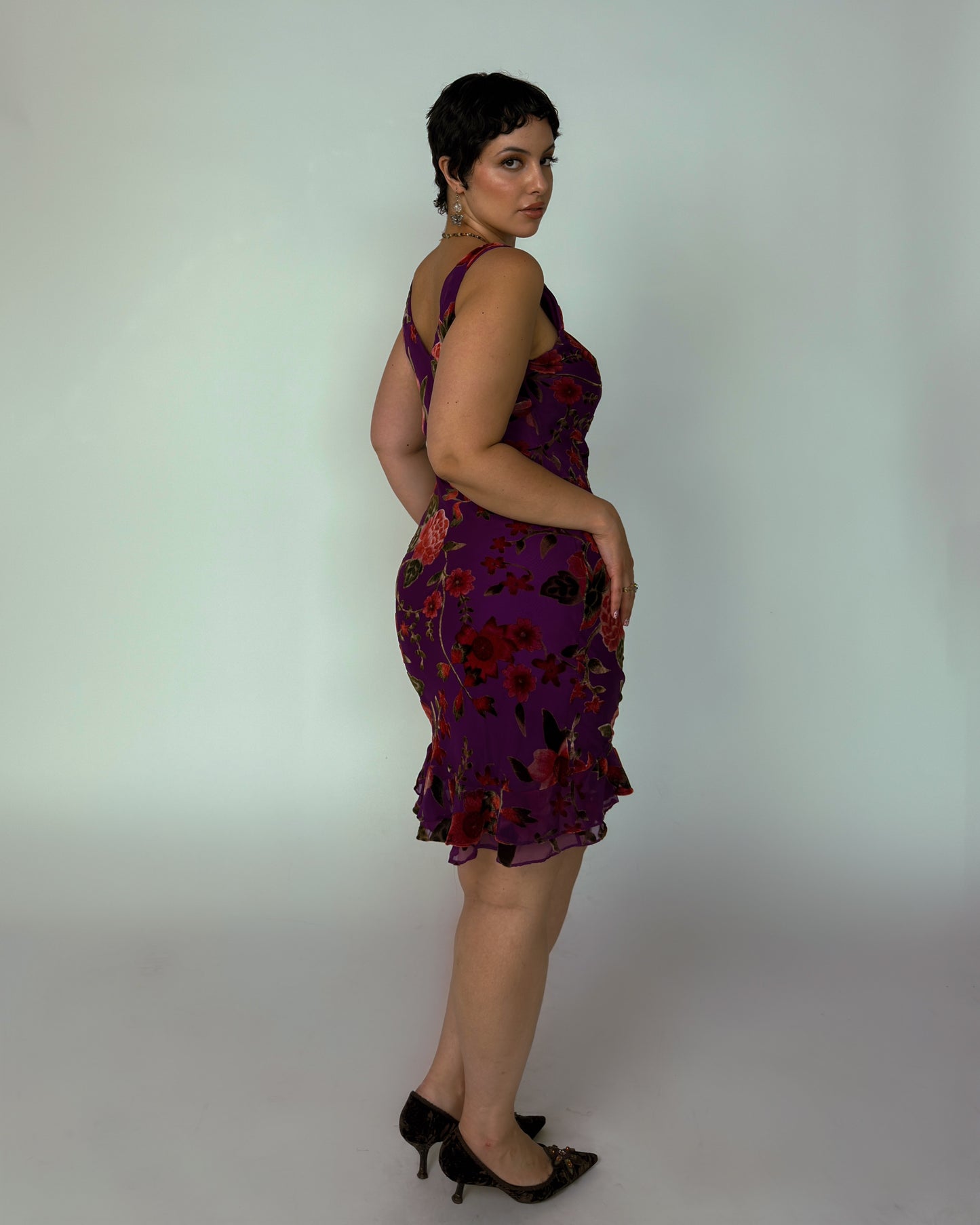 Italian Vintage Crushed Velvet Midi Dress - size M/L