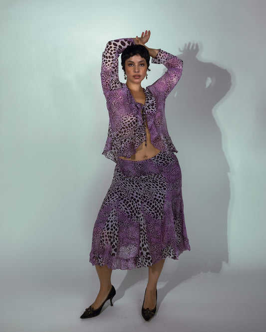 Vintage Italian Silk Purple Animal Print Skirt Set - size M-XL