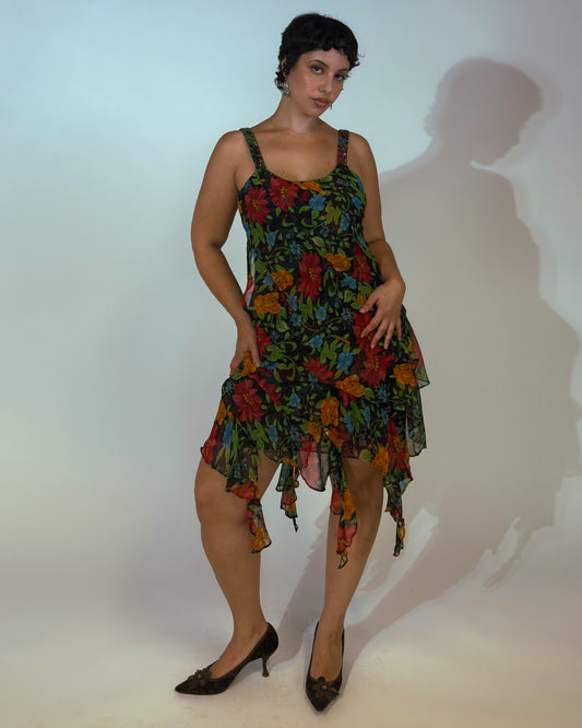 Vintage Ruffled Floral Beaded Dress - size M-L
