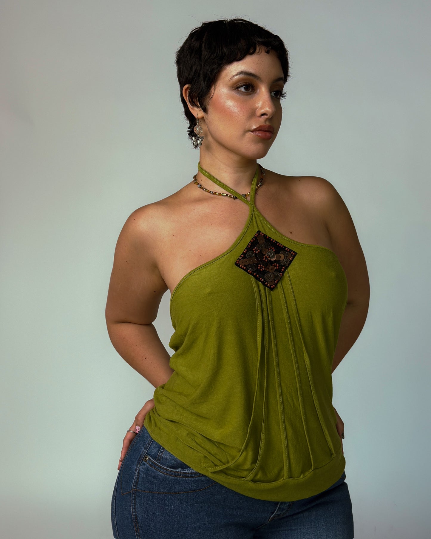 Vintage Green Halter Top - size M-XL