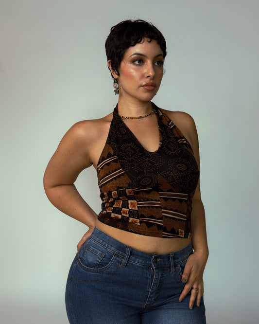 Vintage Retro Patchwork Halter Crop Top - size M/L