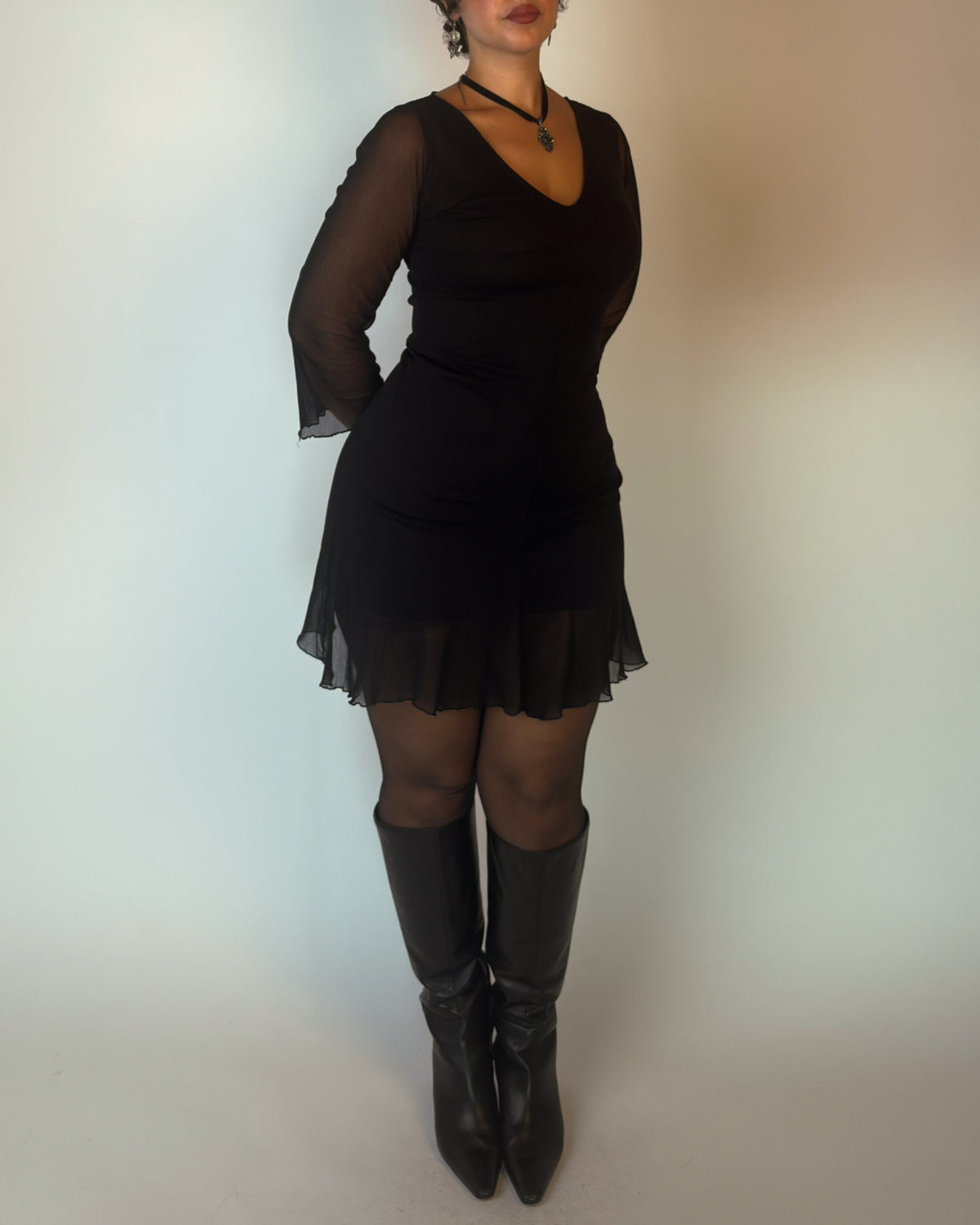 Black Mesh Mini Dress with Ruffle Hem - M/L