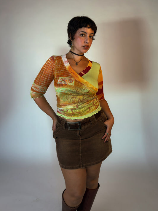Y2K Patchwork Mesh Wrap Top - size M/L