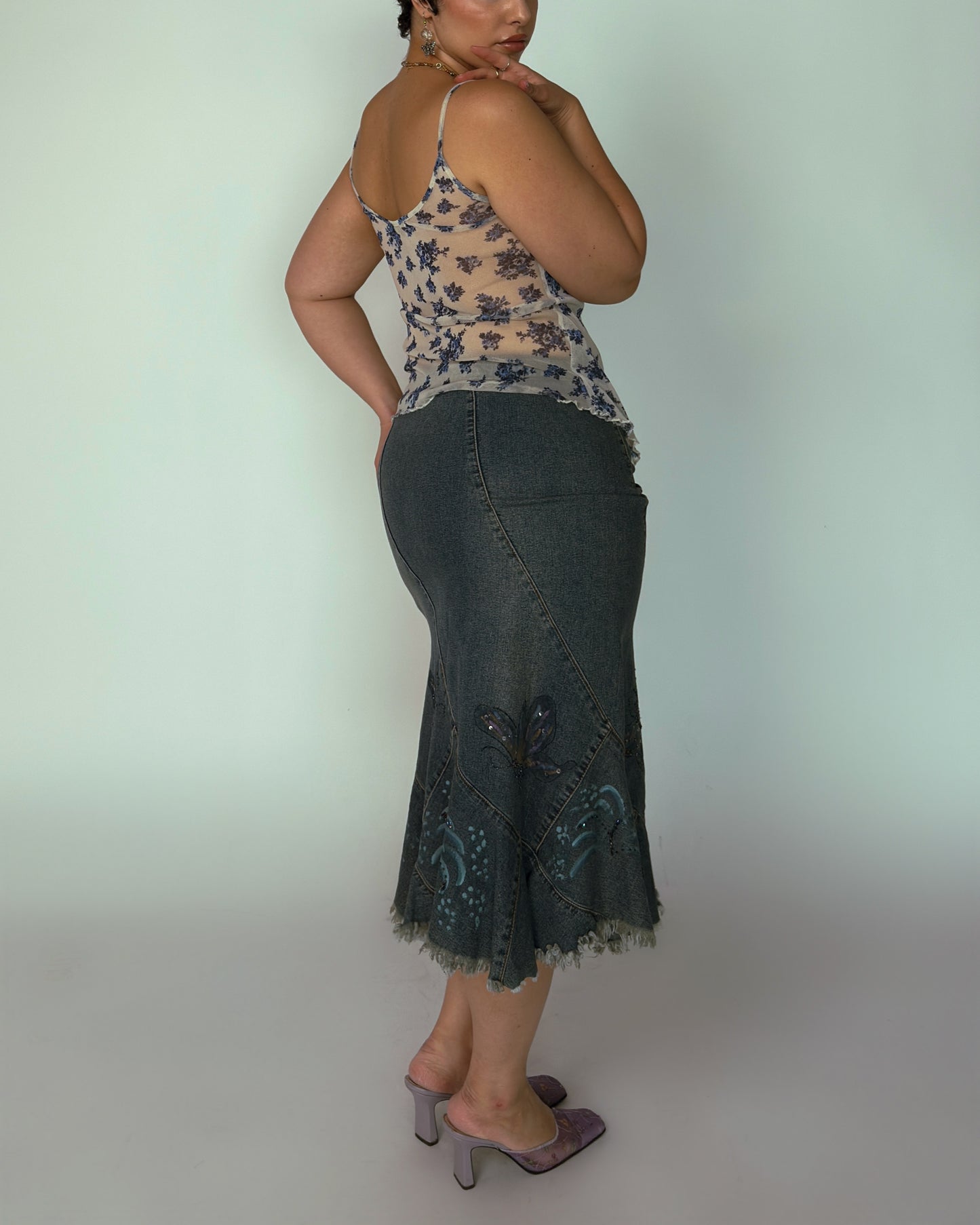 Vintage Stretch Denim Beaded Butterfly - size L-XXL