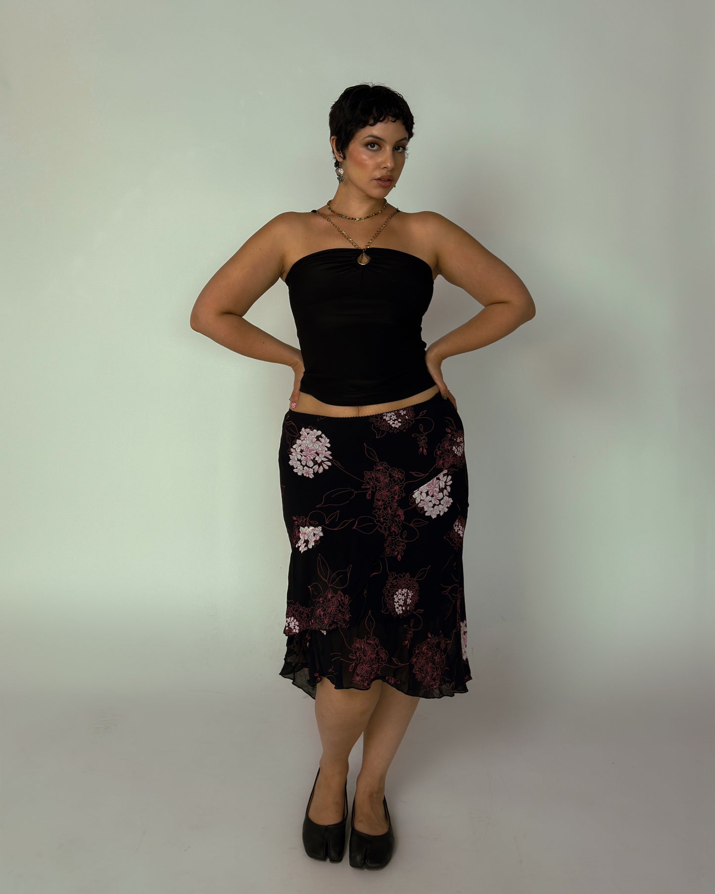 Black Floral Mesh Midi Skirt - size L-XXL