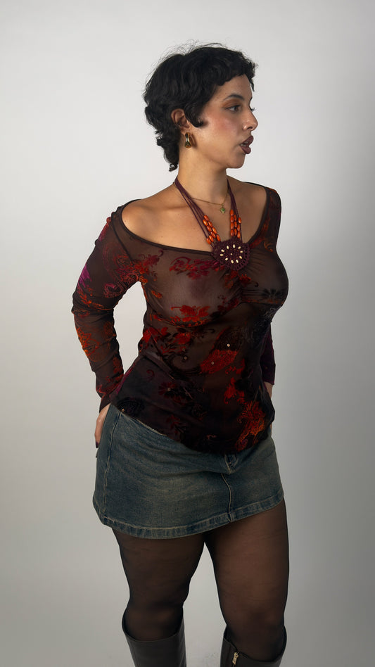 French Vintage Sheer Velvet Mesh Top - M/L